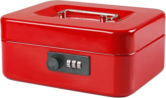 Jssmst Medium Cash Box with Combination Lock - Durable Metal Cash Box with Money Tray Red, 7.87 x 6.3 x 3.35 inches, CB0703M by Jssmst