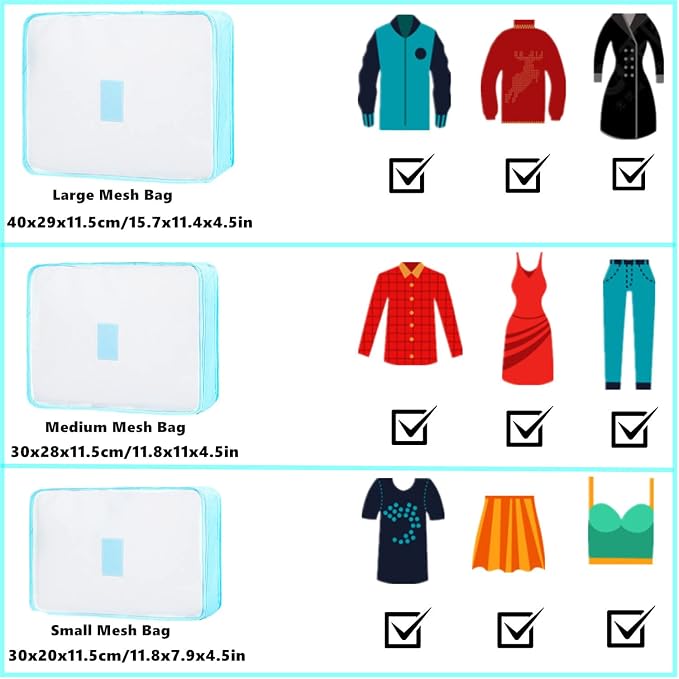 6 PCS Travel Luggage Organizer Bags, Packing Cubes Compression, Storage Bags Organizers, Laundry Pouches for Backpack Suitcases Clothes Underwear (Light Blue) - Image 2