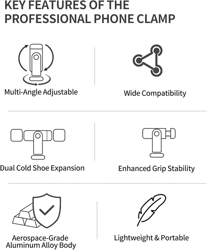 Metal Phone Tripod Mount Adapter, Smartphone Holder Clamp Support Stand with Cold Shoe, Compatible with iPhone, Samsung on Tripod, Camera, Gimbal, Selfie Stick for Live Streaming, Video Shooting - Image 9