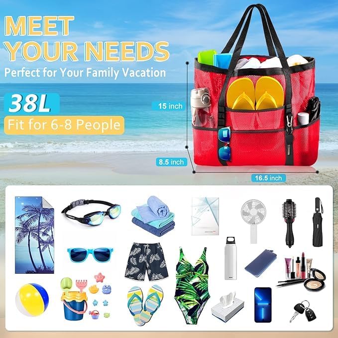 SRISE Mesh Beach Bag - Large Beach Tote Bag for Family Beach Bag for Toys & Vacation Essentials - Image 2