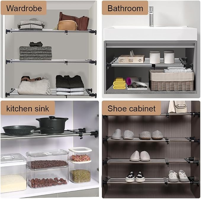 Expandable Closet Tension Shelf Rod Tension Shelves for Closet | Metal Storage Rack Cabinet Organizer DIY Divider Separator Shelves for Wardrobe Cupboard Kitchen Bathroom, Black 19.69-31.5IN - Image 5