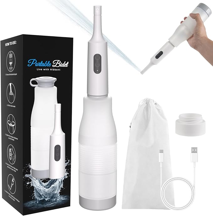 Hibbent Portable Bidet for Travel, High Pressure Electric Handheld Bidet Sprayer, 350-550ML Expandable Bottle for Personal Hygiene, USB-C Rechargeable Waterproof, Travel Sprayer for Women & Men, White by Hibbent