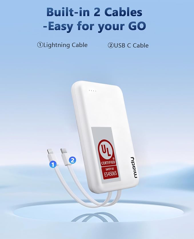 Miady UL Listed 2-Pack Small Portable Charger 5000mAh Power Bank for Travel | 18.5Wh丨Built-in 2 Cables丨3 Outputs 2 Inputs丨Compatible with iPhone Android etc丨Flight-Safe丨for Backpack Campingl丨Black+White - Image 3