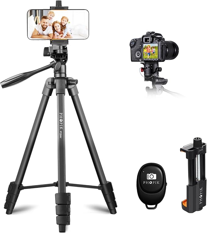 55" Phone Tripod, PHOPIK Aluminum Extendable Tripod Stand with Shutter, Carrying Bag, Compatible with iPhone/Android/Sport Camera&Insta 360 x5 Perfect for Video Recording/Selfies/Live Stream/Vlogging by PHOPIK