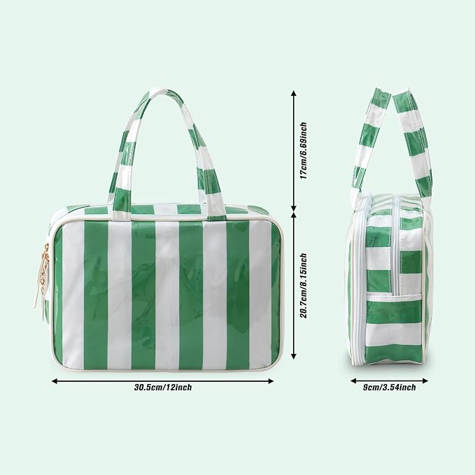 Toiletry Bag for Women, White and Green Stripe | Clear Coated,Waterproof,Multiple Compartment,Open Flat,Handle,Travel Organizer for Shampoo,Conditioner,Cosmetic Accessories - Image 4