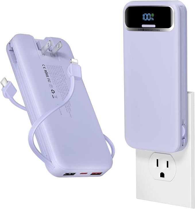 aonidi Portable Charger 12000mAh with Built-in Cables&AC Wall Plug, Purple | PD20W USB C Fast Charging,LED Display External Travel Power Bank,TSA approved Battery Pack for All iPhone,Samsung,Android by AONIDI
