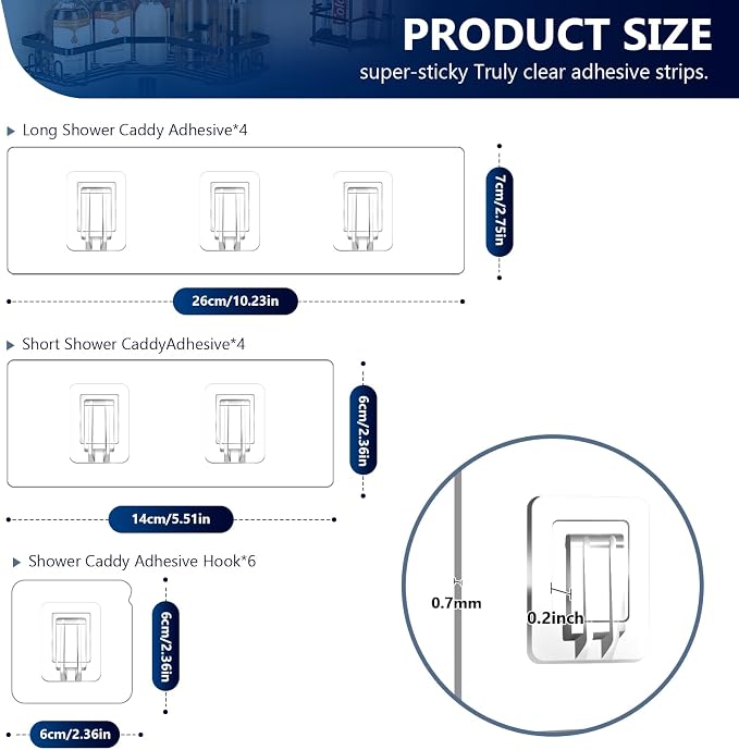 14 Pack Heavy Duty Shower Caddy Adhesive Replacement, 55 LB Hold | Up to 55 LB hold; Waterproof Shower Shelf Adhesive in 3 Hook Styles for Caddies, Shelves, Soap Holders and Racks. - Image 2