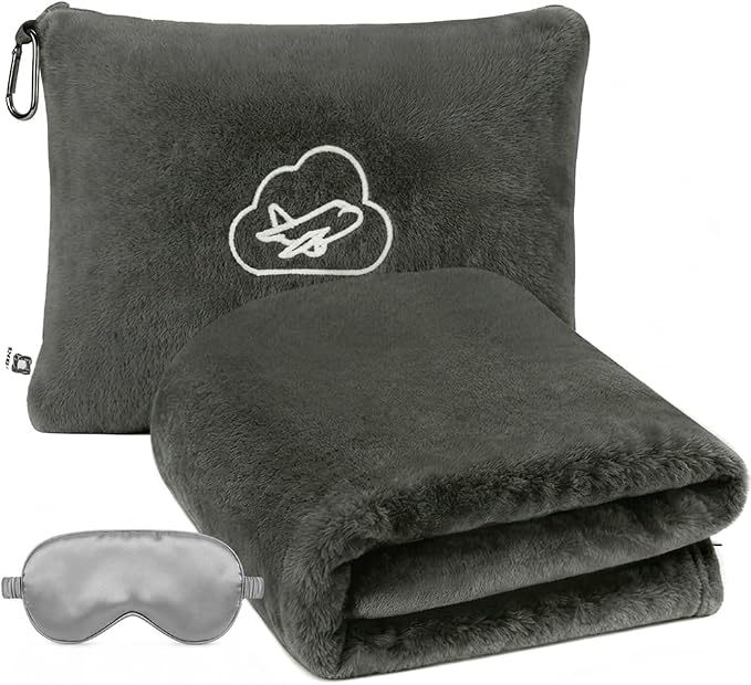 Travel Blanket, Airplane Blanket, Ultra-Soft, Warm & Lightweight, 65x40 in, Outdoor Blanket Essentials for Women, Men & Kids, Included Eye Mask, Luggage Sleeve & Backpack Clip Dark Grey by ENZOLVE