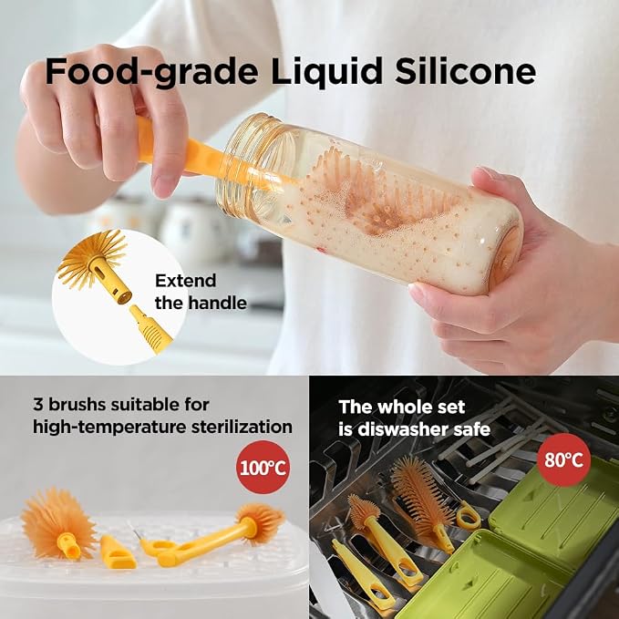 Travel Bottle Cleaner Kit with Foldable Bottle Drying Rack, Green | Auto-Open Rack & Vertical Brushs Drying Slots, 3 Silicone Brushes, Foldable Drying Rack, Dispenser, BPA Free. - Image 5