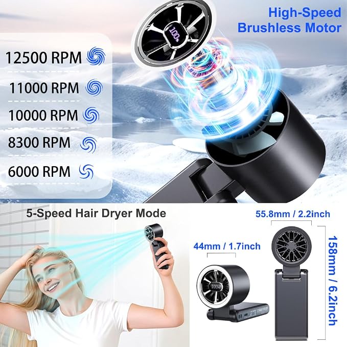 CAZOKASI Rechargeable Strong Wind Handheld Fan With Ambient Lighting 4 IN1 5000mAh Upto 22H For Desktop Waist Clip Neck (StrongWind/Black) - Image 4