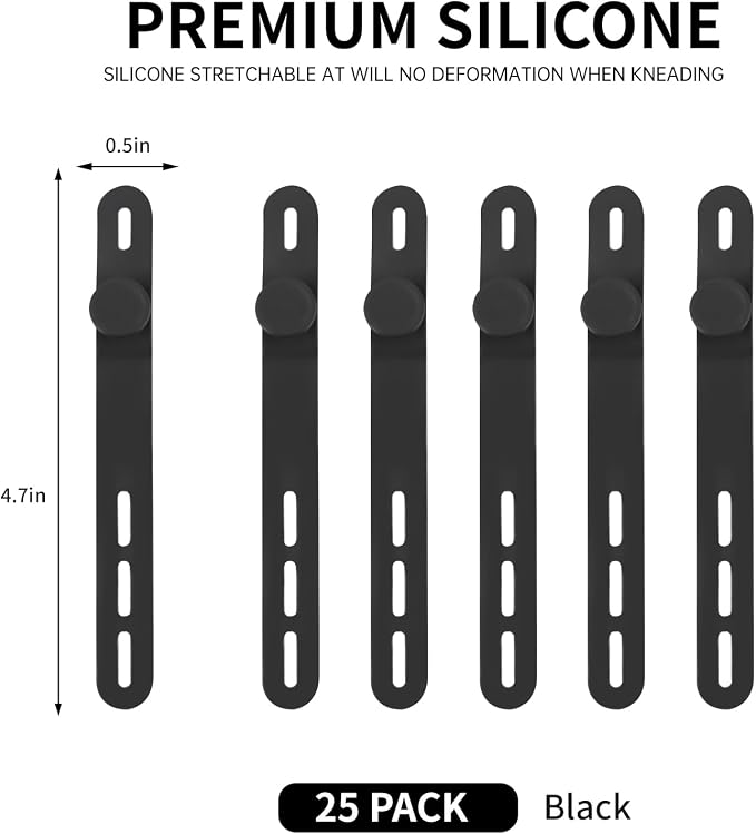 Oligei 25 Pcs Silicone Cable Ties, Cable Ties Reusable, High Elasticity Cord Wraps for Electrical Cords, Cord Organizer for Earphone, Phone Charger(Black) - Image 2