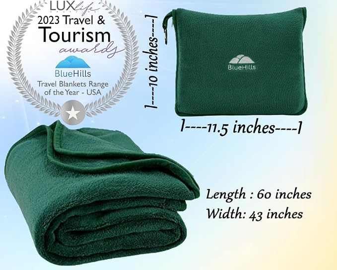 BlueHills Soft Travel Blankets Plush Value Pack Set of 2 - Premium Airplane Travel Essential Flight Blanket Throw in a case with Strap Compact for Car Plane Travel Gift – Dark Green and Gray. - Image 3