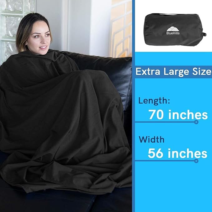 BlueHills Premium Soft Compact Travel Blanket Value Pack Set of 2 - Airplane Flight Blanket Throw in Soft with Luggage Belt Compact Pack Large Blanket for Travel Black and Navy Blue Color - Image 7