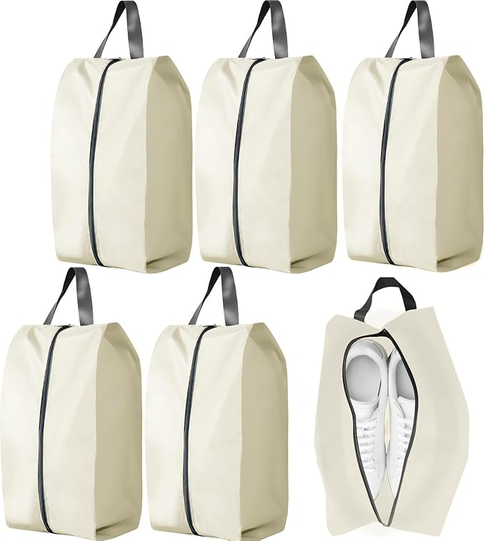 5Pcs Large Travel Shoe Bags Portable Travel Gifts Shoe Organizer with Zipper Closure, Waterproof Nylon Shoe Storage Organizer with Handle Travel Bags For Men and Women, Beige by ASANMEYO