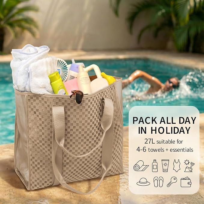 MOMINSIDE Reusable Grocery & Beach Bags for Women Mesh Beach Bag - Large Beach Tote Bag with Zipper, 2 Insulated Pocket, Hat & Towel Clips, Foldable Swim Pool bag for Toys, Towels & Vacation - Image 7
