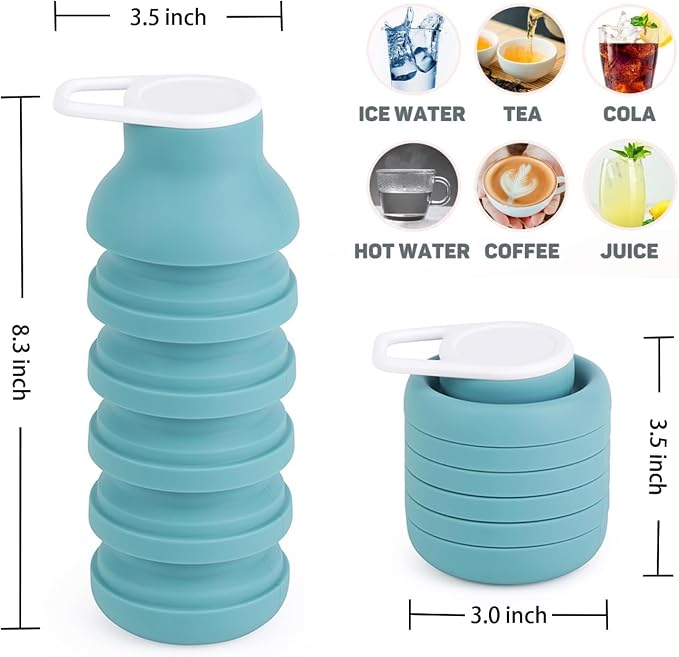 Collapsible Silicone Water Bottle – Foldable Travel Water Bottle Leakproof, BPA Free, Portable & Space-Saving – Perfect for Gym, Hiking,Travel(carabiner and cleaning brush),Light green - Image 3