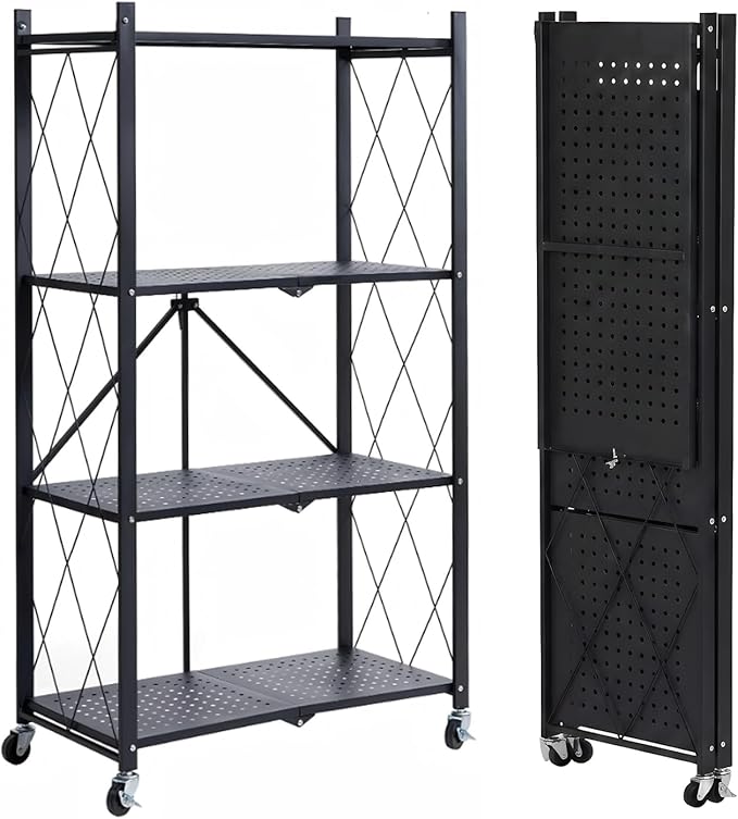 COKIHOM 4 Tier Foldable Storage Shelf, Large Capacity Metal Shelf Rack, Rolling Bookshelf with Wheels, Wire Shelf Organizer for Kitchen, Pantry, Office, Garage, Basement, Black by Unknown
