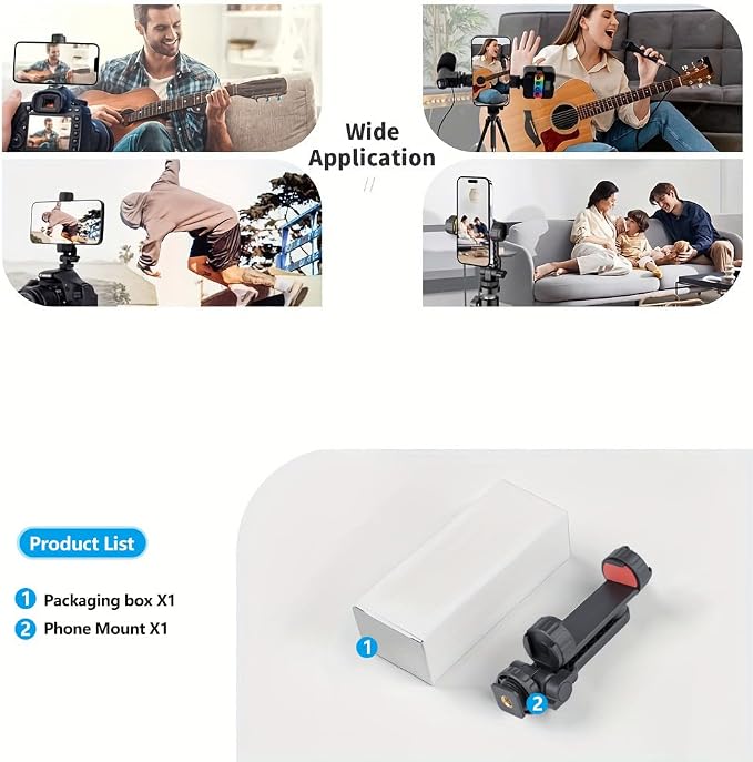 Dual Cold Shoe Phone Mount Holder — Universal Adjustable Smartphone Clamp with Dual Cold Shoe Mounts for Microphone & LED Light, 360° Rotating Ball Head, 1/4"-20 Tripod Screw Compatible - Image 5