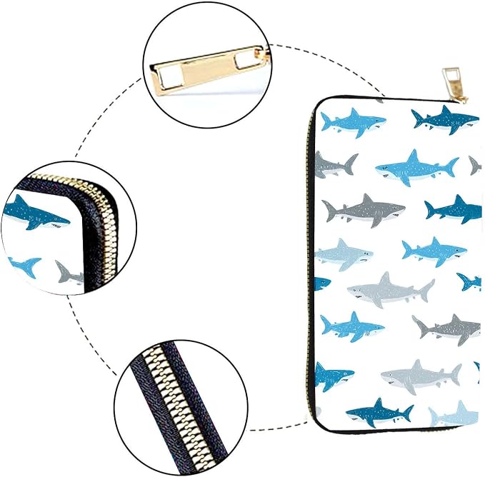 Women's RFID Blocking PU Leather Zip-Around Wallet, Large Capacity Clutch with Phone Holder, Travel Purse & Card Organizer with Removable Wristlet,Shark Animal - Image 4