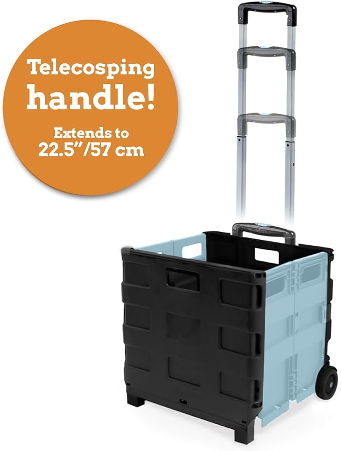 Inspired Living Ultra-Slim Rolling Collapsible Storage Pack-N-Roll Utility-carts, with Telescopic Handle, for Home, Garden, Shopping, Office, School use, Large, Baby Blue & Black - Image 4