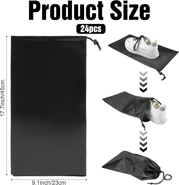 24 Pack Shoe Bag for Travel, 18" x 9" Drawstring Shoe Storage Bag for Suitcase, Black Oxford Cloth Shoes Bags for Packing, Travel Shoes Organizer - Image 2