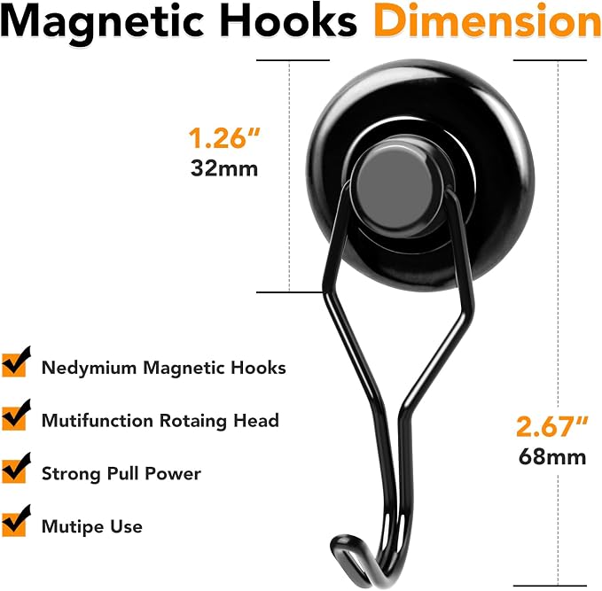 Magnetic Hooks 6 Pack 120Lbs Heavy Duty Neodymium Magnet Hook | Black Magnetic Swivel Hooks for Hanging Rust Proof Strong Magnets with Hook for Storage - Image 4