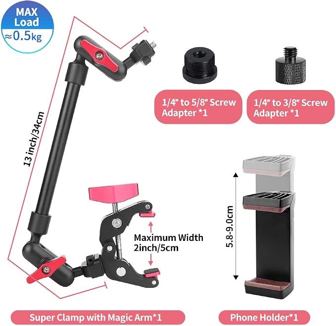 13"/34cm Magic Arm w Clamp, Camera Mount & Clamp w 1/4" 3/8" Threads and Articulating Friction Magic Arm, Overhead Phone Mount, Camera Boom Arm Mount for Light Webcam Mic Action Camera Monitor - Image 7