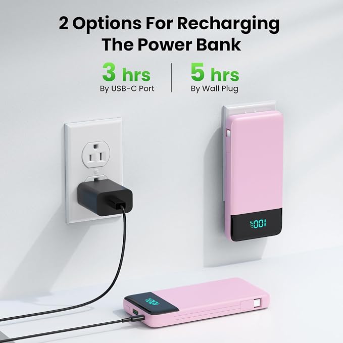 Portable Charger with Built-in AC Plug and Cables,13800mAh All in One USB C Fast Charging Power Bank,Travel Essentials Portable Phone Charger Battery Pack for iPhone 17/16/15/14/13,Galaxy,Android-Pink - Image 3