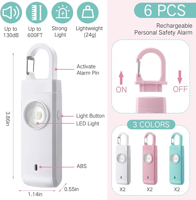 Tellegloww 6 Pcs 130 dB Personal Safety Alarm for Women, Personal Alarm Keychains Loud Siren with LED Strobe Light & Low Battery Notice Rechargeable Self Defense Keychain for Mom(Macarons,Snap) - Image 2