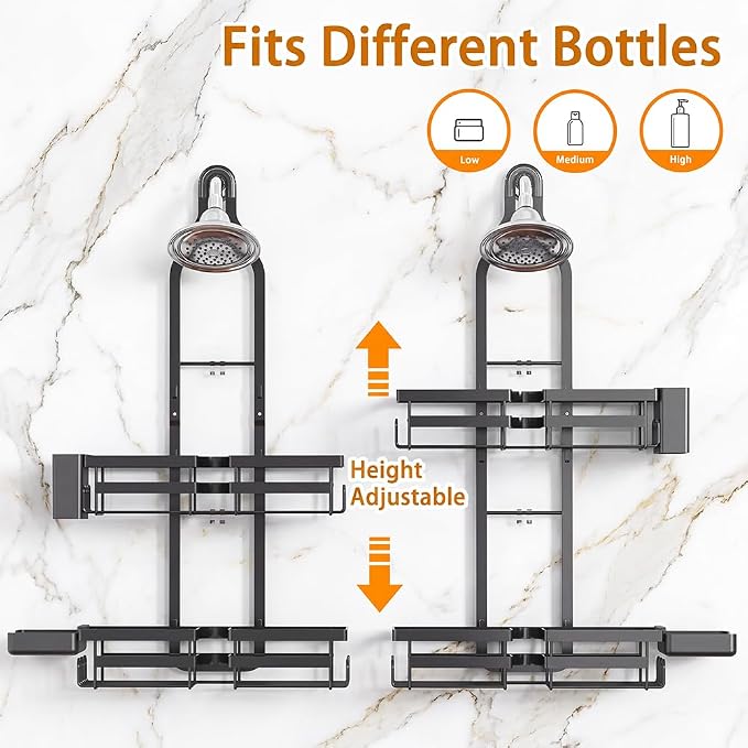 Shower Caddy Hanging Overhead, Adjustable Organizer, Black | Rustproof Bathroom Shelf Fits Handheld & Fixed Shower Heads, 12 Hooks, Soap & Toothbrush Holder, No-Drill Installation - Image 8