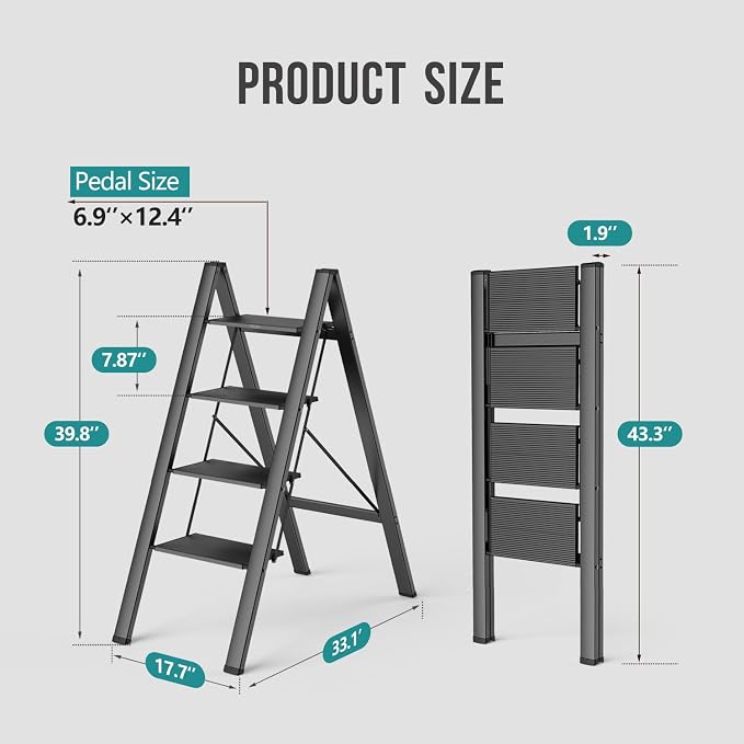 4 Step Ladder, Foldable Step Stool, 300lbs Load, Black | Folded 43''H x 2''T; Net 9.9 lbs; Rigid Aluminum Steps; No Assembly; For Home, Kitchen, Office, Pantry, Closets, Cabinets - Image 6