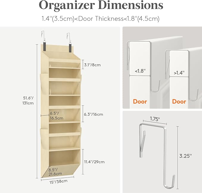 Lifewit 1 Pack Over the Door Organizer, Clear Window Hanging Storage with 4 Side Pockets, Anti Tilt 40 lbs Load Behind Door for Pantry, Nursery, Bathroom, Bedroom, Dorm, 5 Section, Beige - Image 2