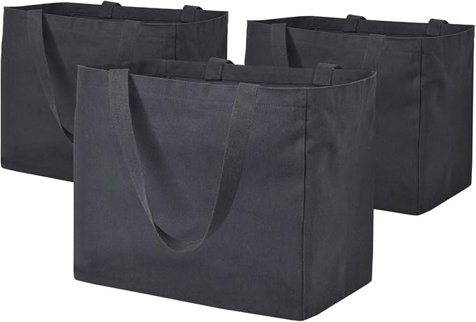 3 Pack Heavy Duty Reusable Canvas Grocery Bags, Holds 60 lbs, 8.3 gal Multi-Purpose Washable Bags with 5 Pockets, Black by CNaiyunpin