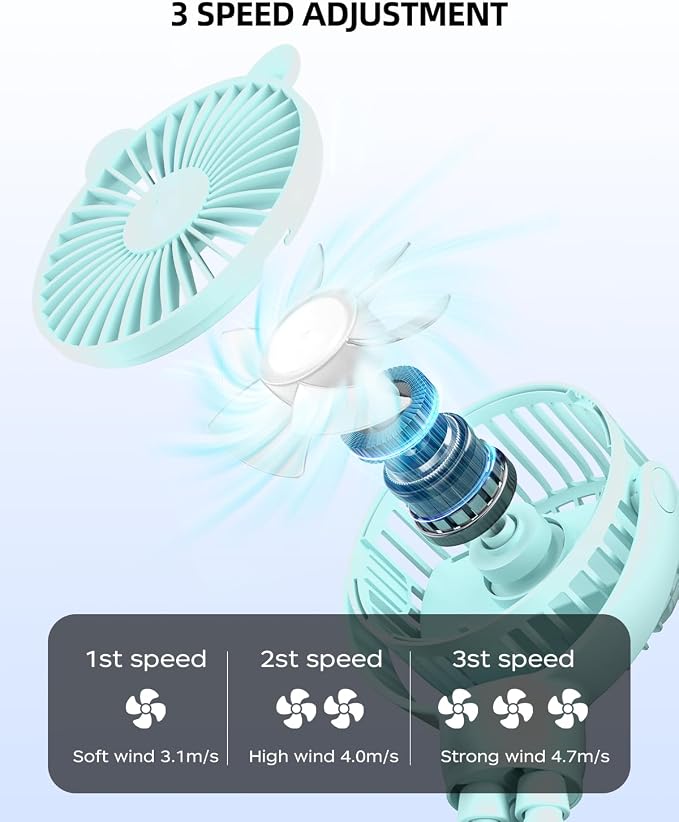 buywoo Portable Stroller Mini Fan, Small Rechargeable Personal Cooler w/ 360° Rotation, Baby Essentials for Car Seat, Crib, Bike, Treadmill, 3-Speed Battery Powered Stroller Accessories, Mint - Image 3
