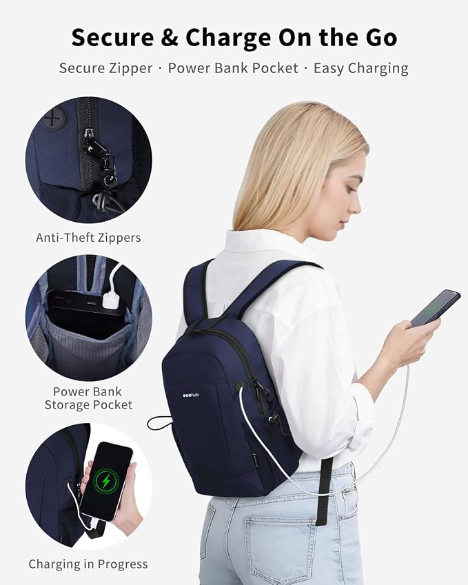 ECOHUB Mini Anti-Theft RFID Backpack for Women and Men, Water-Resistant, Lightweight Travel Daypack with iPad Sleeve, Key Holder, 9 Pockets, Stylish Comfortable, Blue | 10L RFID Blocking Backpack for Men Lightweight&Small Daypack with 9 Pockets,Water R... - Image 5