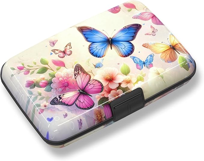 Credit Card Holder, Colorful Butterfly Mini RFID Small Aluminum Card Wallet | Blocking Slim Metal Business Card Case, RFID Blocking Front Pocket Wallet Hard Case Durable CC Holder for Women Girl by ToLuLu
