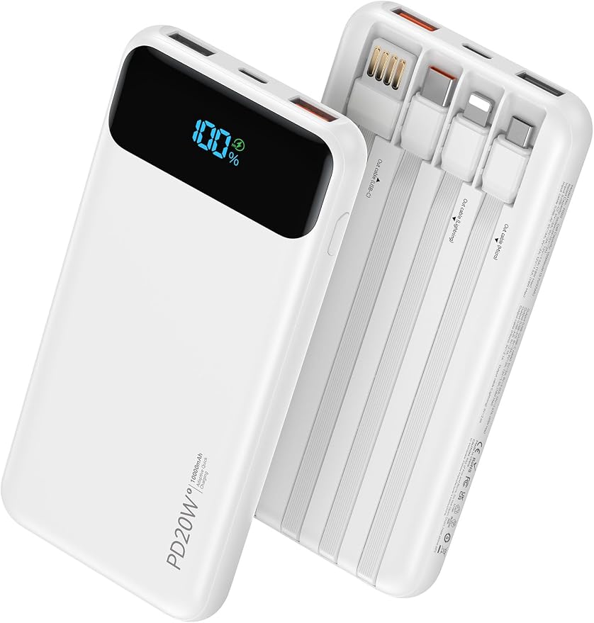Nusyddy Portable Charger 10000mAh 22.5W w/4 Built-in Cables/6 Outputs White | 22.5W Fast Charging, LED Display, Pass Through Charging, Charge 6 Devices at once, TSA Approved, Fits iPhone, iPad, Samsung by NUSYDDY