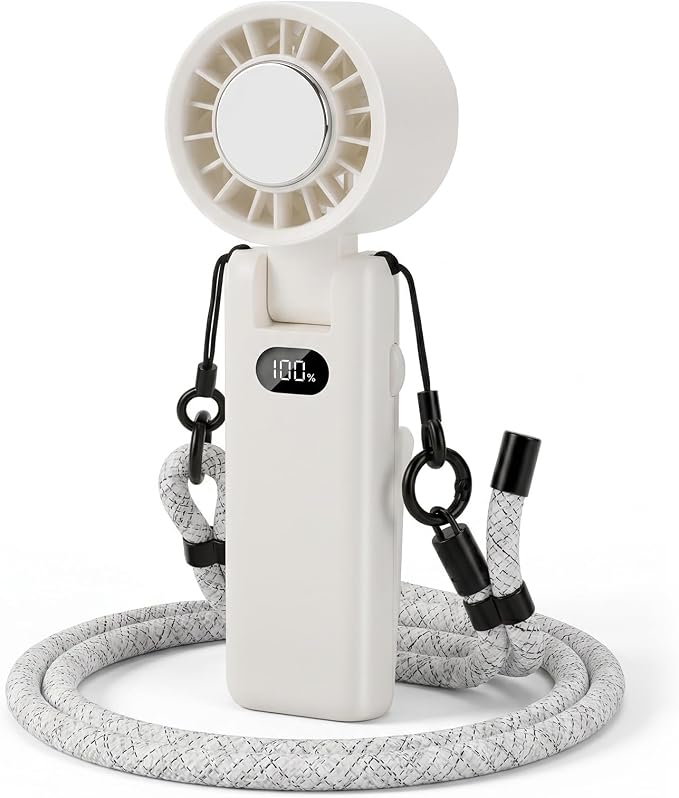 fygurso Personal Portable Clip-on Handheld Fan Rechargeable, White | Neck-Crossbody fit lanyard. Detachable clip. 10H battery. LED monitor. 5-Speed from 30dB low noise to 10000rpm blast. by fygurso
