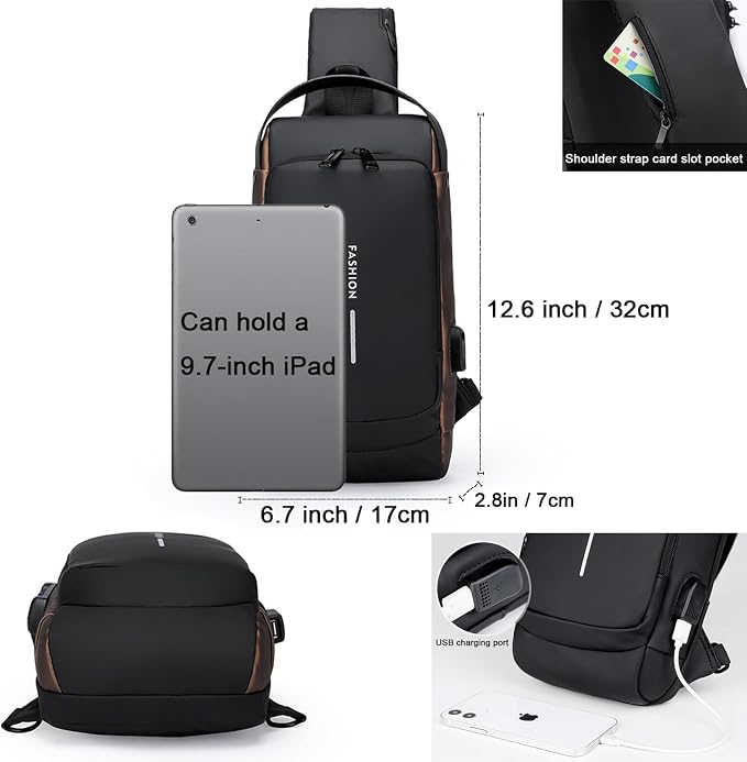 Anti-Theft Sling Bag for Men Waterproof Crossbody Bag with Combination Lock & USB Charging Port Lightweight Chest Backpack for Travel Hiking (All Black) - Image 5