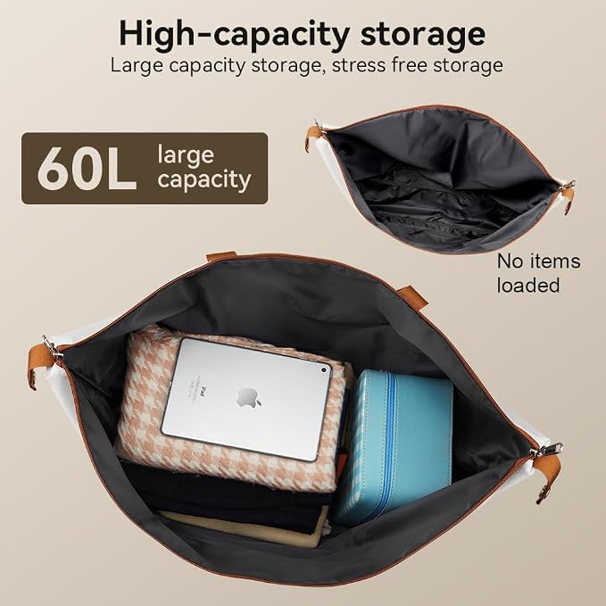Travel Duffel Bag 60L Large Tote Carry On Foldable, White-Brown | Carry On Duffel Bag for Women Men, Foldable Bags for Travel, Hospital Bag for Labor and Delivery, Weekender Overnight Bag - Image 2