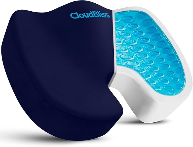 CloudBliss Gel Memory Foam Seat Cushion for Long Sitting, Large, Blue | Gel Chair Pad for Tailbone, Coccyx, Sciatica , Soft Suede Cover, Non-Slip , Washable Mesh, for office, home, car by CloudBliss