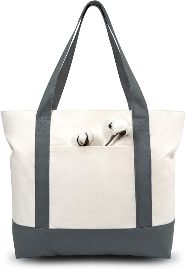 TOPDesign 3-Pack Canvas Tote Bags with an External Pocket, Reusable Grocery Shopping Bags, Top Zipper Closure, Daily Essentials (Grey/Natural) by TOPDesign