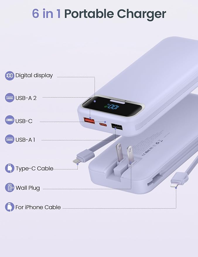 aonidi Portable Charger 12000mAh with Built-in Cables&AC Wall Plug, Purple | PD20W USB C Fast Charging,LED Display External Travel Power Bank,TSA approved Battery Pack for All iPhone,Samsung,Android - Image 2
