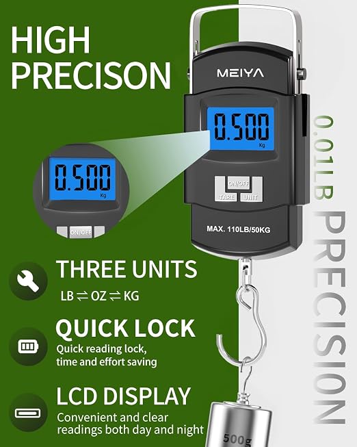 MEIYA Fish Scale 110lb/50kg Digital Fishing Scale with Backlit LCD, Portable Handle, Stainless Steel Hook & 2 AAA Batteries – Reliable Fishing Gear & Great Fishing Gifts for Men - Image 4