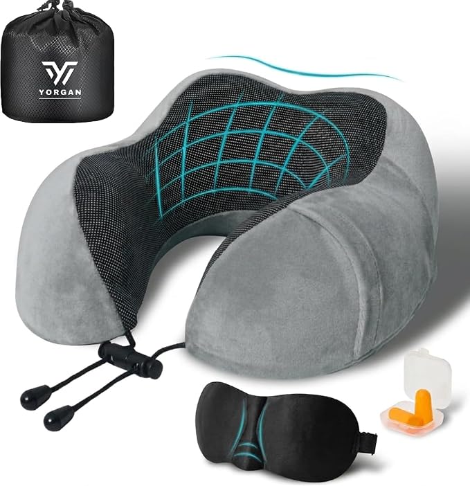 Airplane Travel Neck Pillow, 100% Memory Foam Ergonomic Neck Support, Airplanes Neck Pillow with Washable Cover Travel Essential for Flight, Office includes Eye Masks, Earplugs & Carry Bag (Dark Gray) by Yorgan
