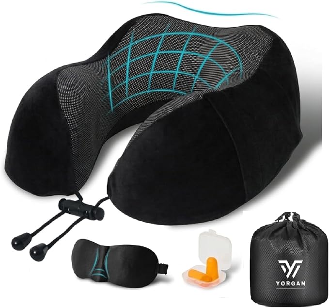 Airplane Travel Neck Pillow, 100% Memory Foam Ergonomic Neck Support, Airplanes Neck Pillow with Washable Cover Travel Essential for Flight & Office Include Eye Mask, Earplugs & Carry Bag (Black) by Yorgan