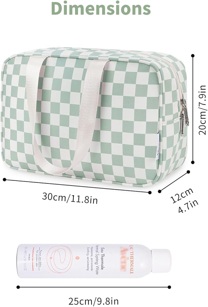 Narwey Large Capacity Travel Toiletry Bag Women, Checkered Makeup Bag with Handle, Portable Make up Cosmetic bag Organizer, Travel Bag for Toiletries, Skincare, Medicine, Essentials (Green Checker) - Image 4