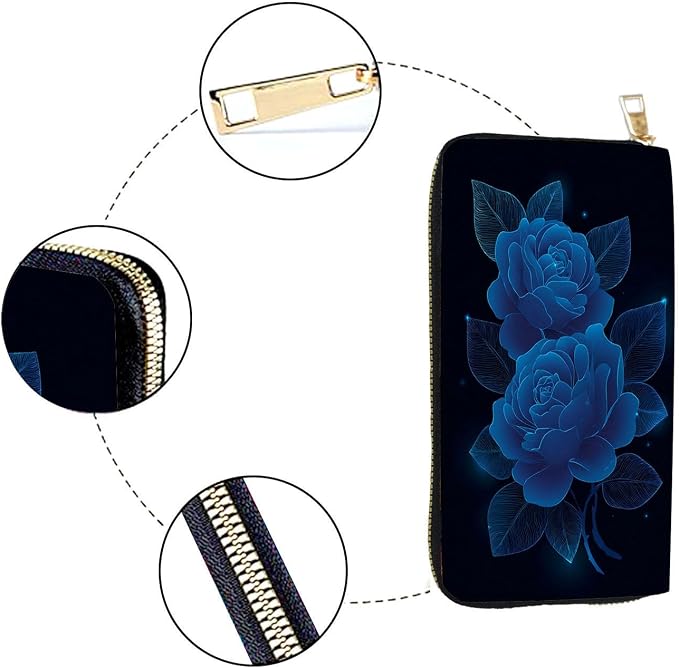 Women's RFID Blocking PU Leather Zip-Around Wallet, Large Capacity Clutch with Phone Holder, Travel Purse & Card Organizer with Removable Wristlet,Blue Rose - Image 4