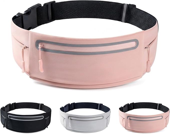 Running Belt for Women Men, Slim No-Bounce Waist Pack, Water Resistant Reflective Phone Holder Fits Phones up to 7.5 inch, Adjustable Fanny Pack for Running Jogging Hiking (Pink) by Unknown