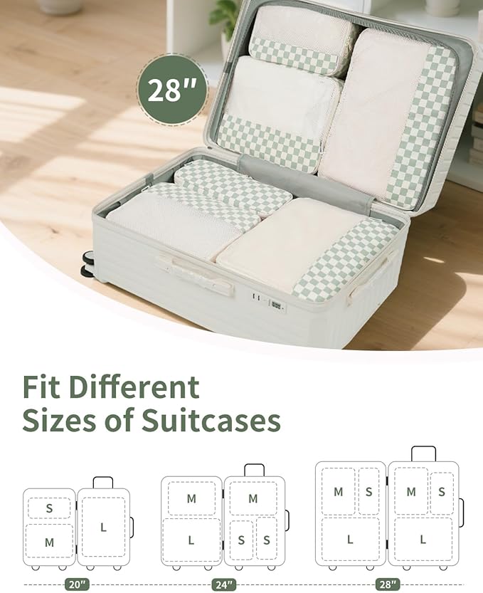 Narwey 7 Set Checkered Packing Cubes for Travel Kids Women, Durable Packing Organizer Bags for Carry on Suitcase Luggage Travel Essentials Accessories (Mint Green Checkerboard) - Image 2